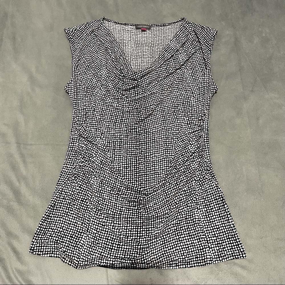 Vince Camuto White Black Dot Drape Neck Blouse EUC Size M